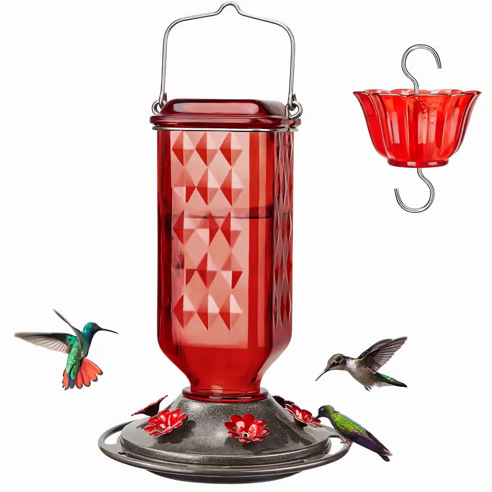 Glass Hummingbird Feeder for Outdoors Leak Proof Base Ant Moat Bee Proof 6 Feeding Ports Outdoor Garden Decor Women Gift
