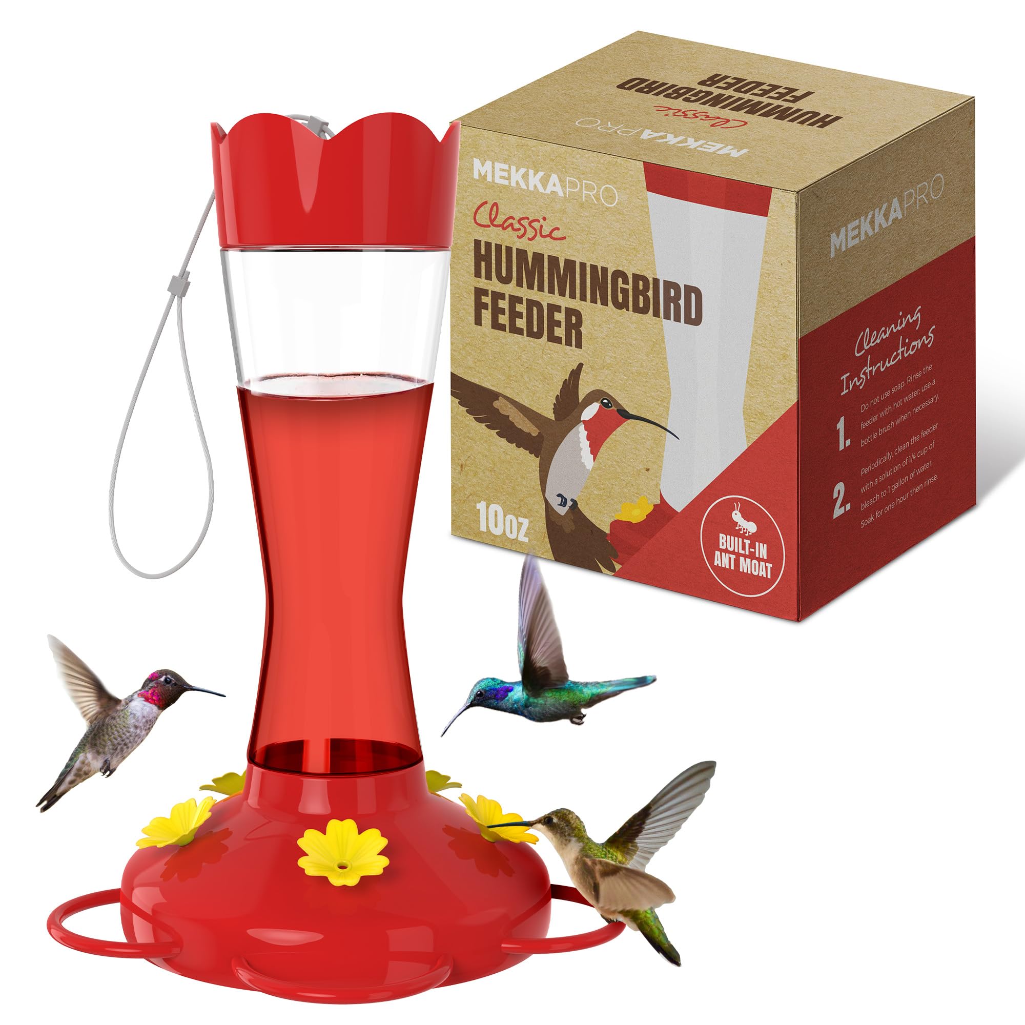 MEKKAPRO Outdoor Hummingbird Feeder for Backyard Hanging Ant and Bee Proof 5 Nectar Feeding Stations Glass Feeder (10 Ou
