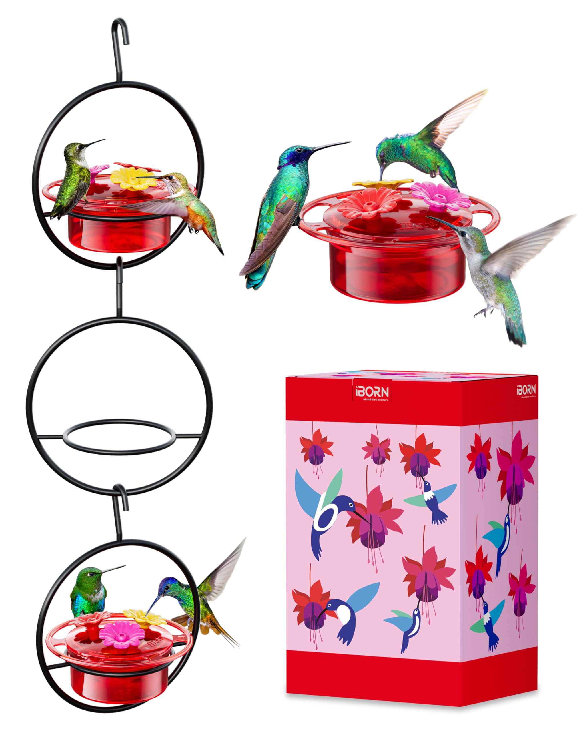 iBorn Circular Hanging Hummingbird Feeders for Outdoors 3PCS 3OZ Bee-Proof Feeder, Silicone Ports, Mini Hummingbird Feed