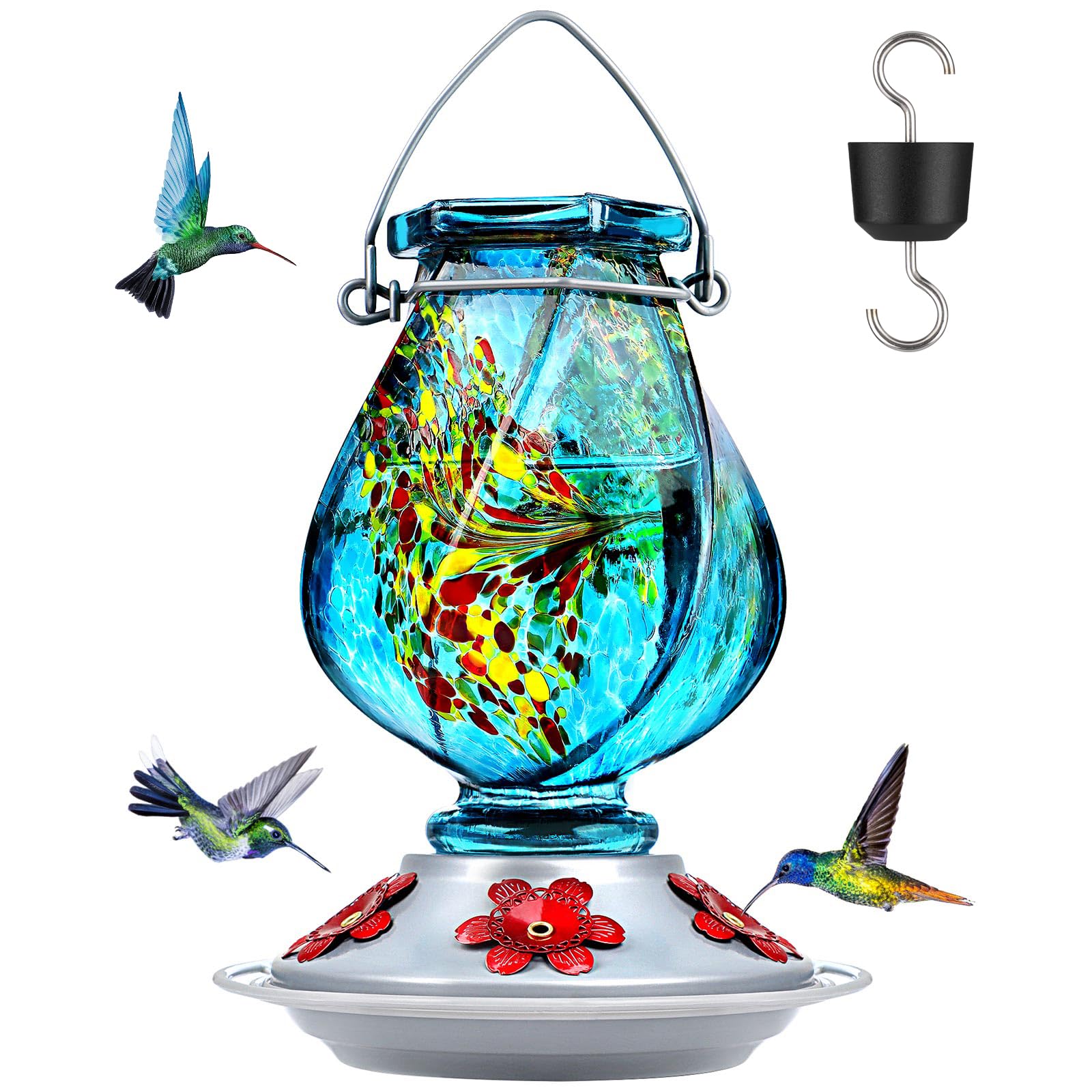 BOLITE Hummingbird Feeder, Hand Blown Glass, Blue, 22 Ounces, Ant Moat and 5 Feeding Ports, Birthday Gifts for Women an