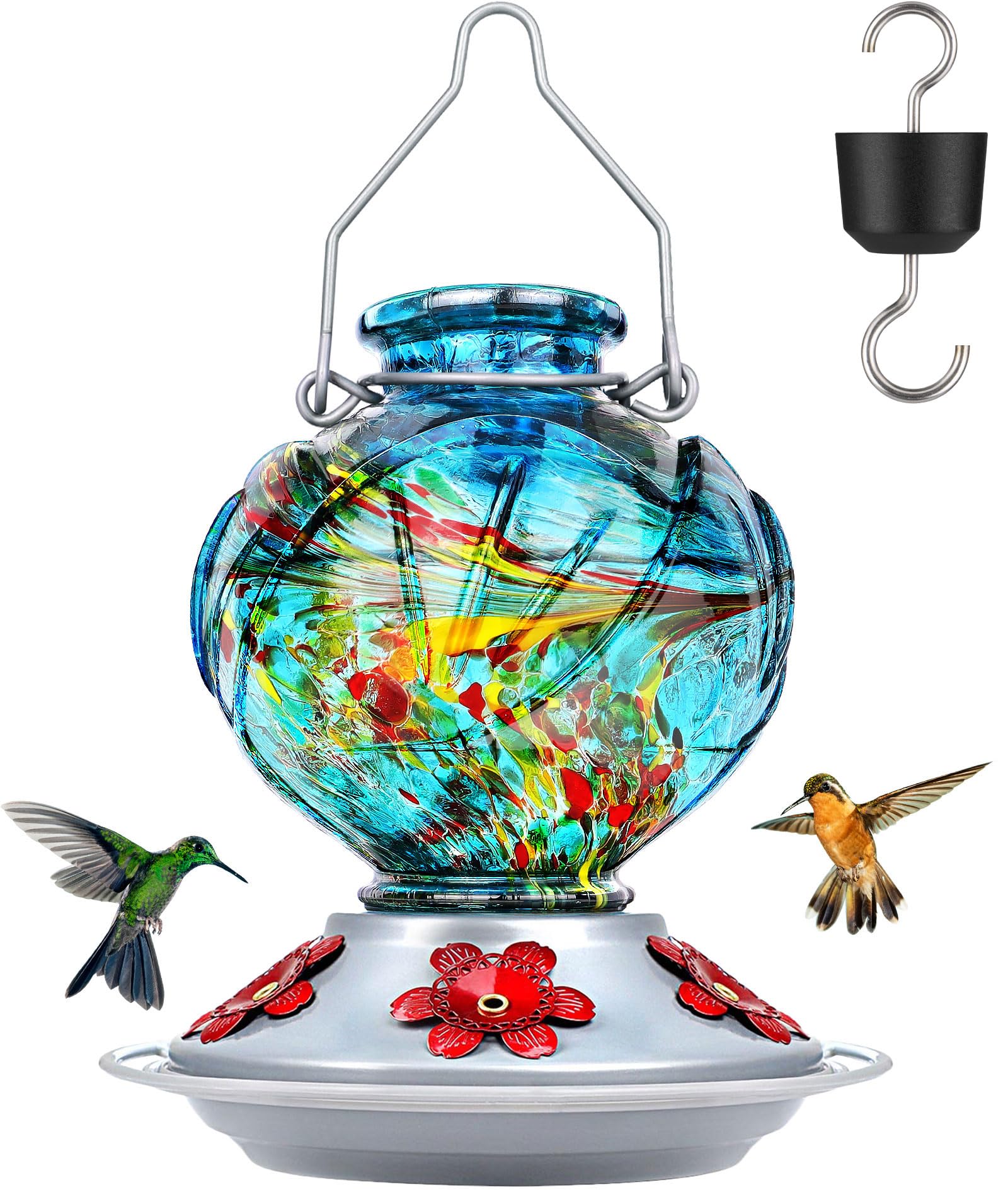 BOLITE Hummingbird Feeder, Hand Blown Glass, Outdoor Hanging, Ant Moat, 5 Feeding Ports, 22 Ounces, Peony Flower Shape,